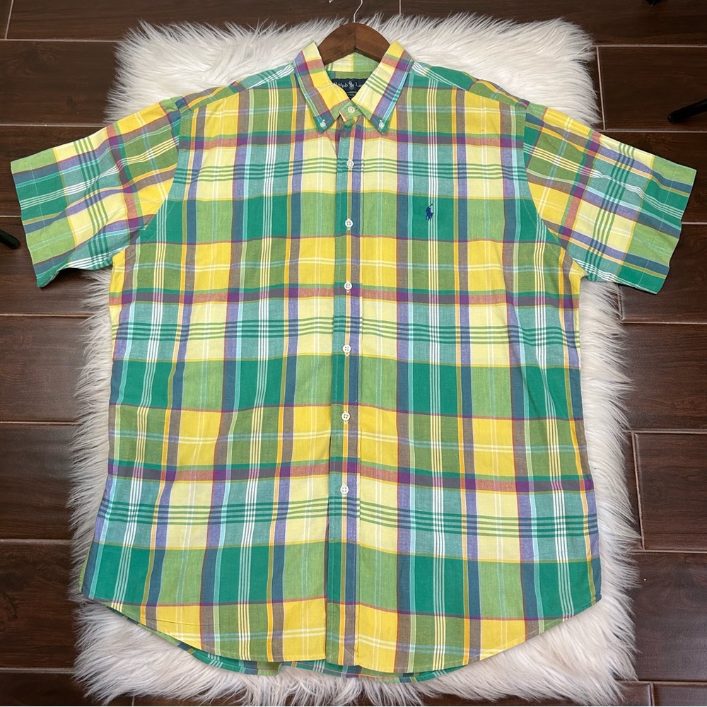 Ralph Lauren Madras Plaid Shirt Mens XL Custom Fit Colorful Cotton Short Sleeve